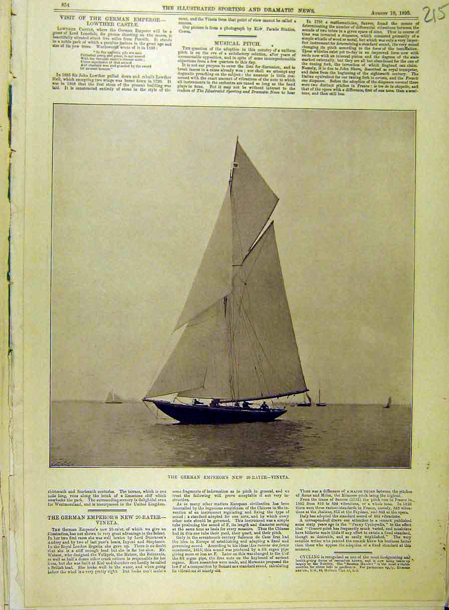 Original Old Antique Print 1895 German Emperor 20-Rater Vineta Yacht Sailing