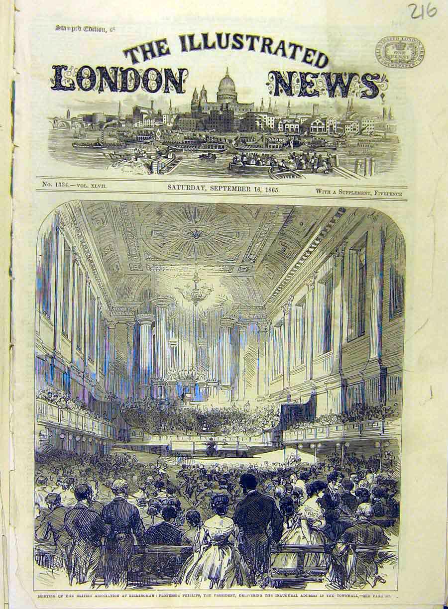 Original Old Antique Print 1865 Birmingham Phillips President Address Townhall