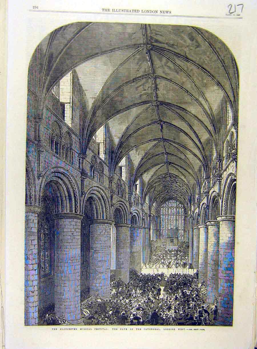 Old Antique Print 1865 Gloucester Music Festival Nave Cathedral Building 19th