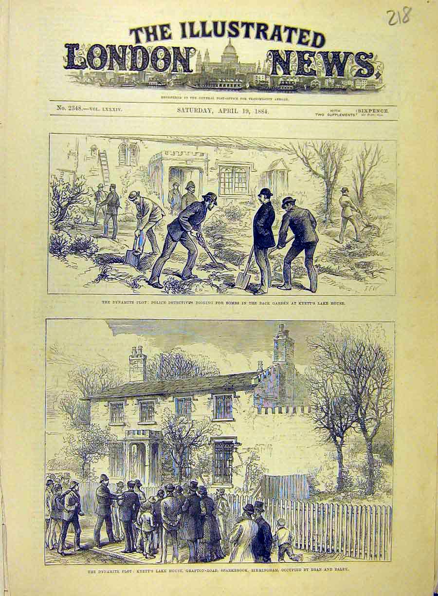 Original Old Antique Print 1884 Dynamite Plot Police Bomb Kyett Birmingham 19th