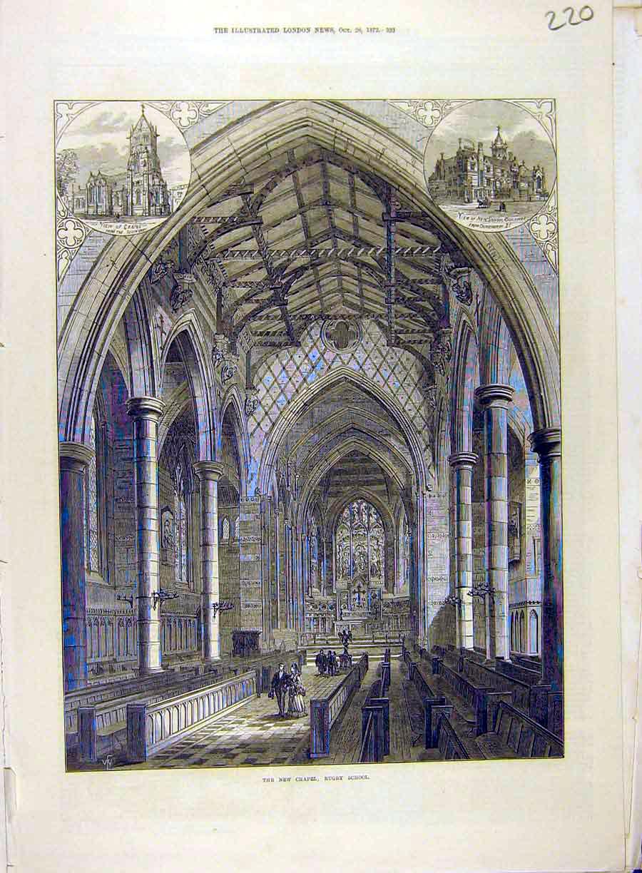 Original Old Antique Print 1872 Chapel Rugby School Building 19th