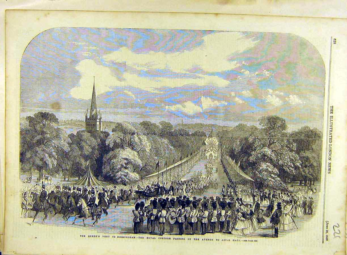 Original Old Antique Print 1858 Birmingham Royal Cortege Aston Hall Queen Royal