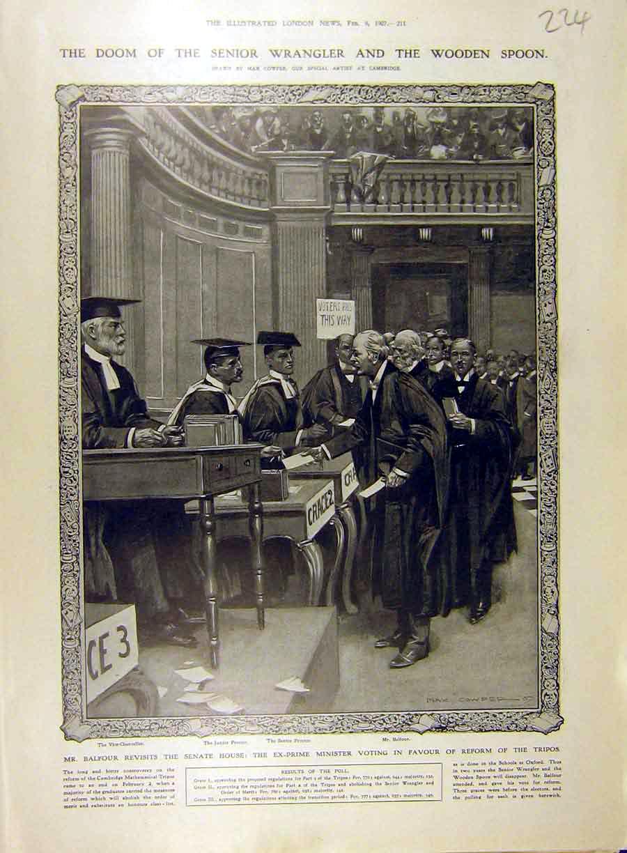Original Old Antique Print 1907 Senior Wrangler Wooden Spoon Cowper Balfour 20th