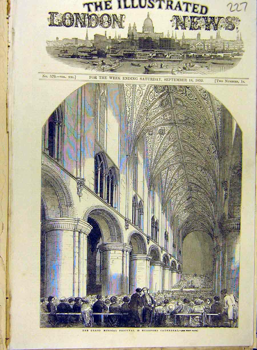 Original Old Antique Print 1852 Musical Festival Hereford Cathedral Building