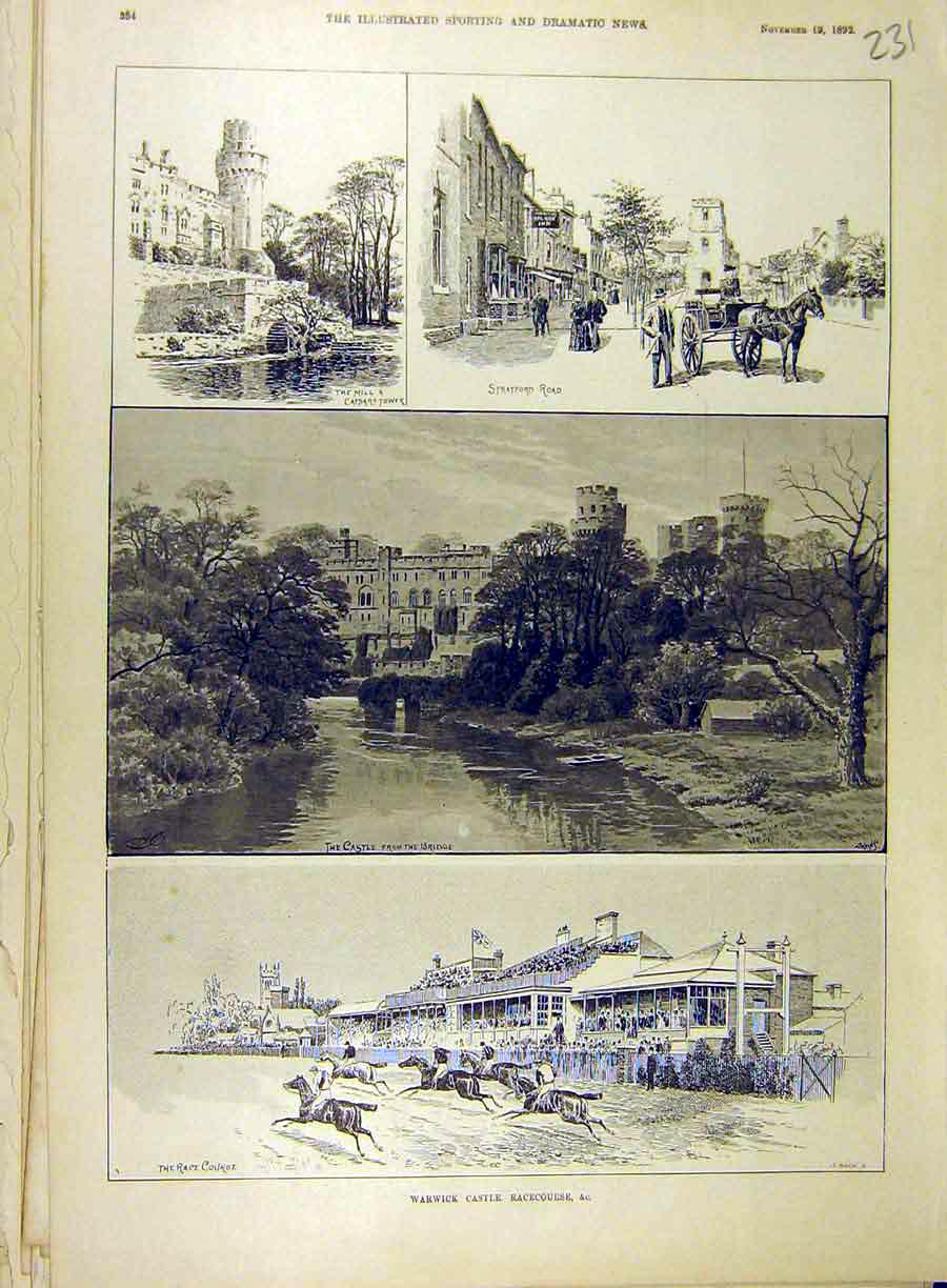 Original Old Antique Print 1892 Warwick Castle Race-Course Racing Horse 19th