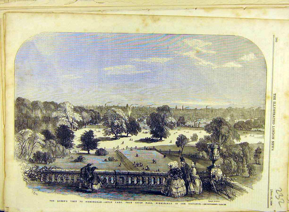 Original Old Antique Print 1858 Queen Birmingham Aston Park Hall View Victorian