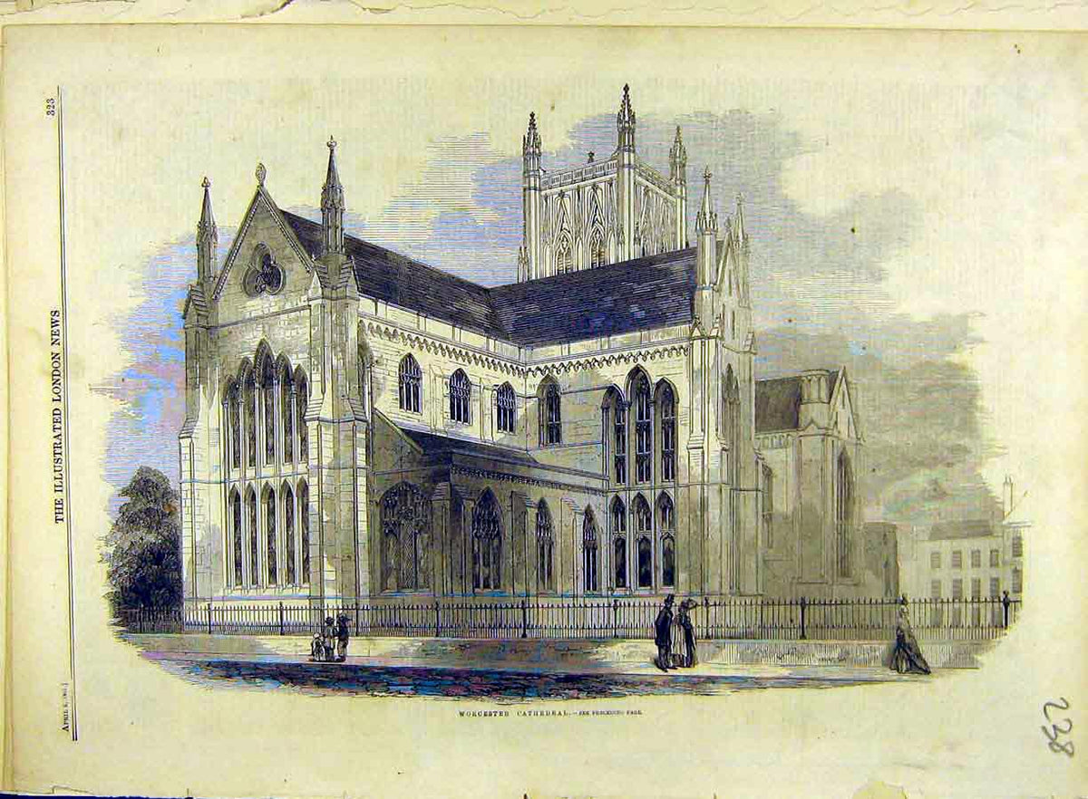 Original Old Antique Print 1861 Worcester Cathedral Building Architecture 19th