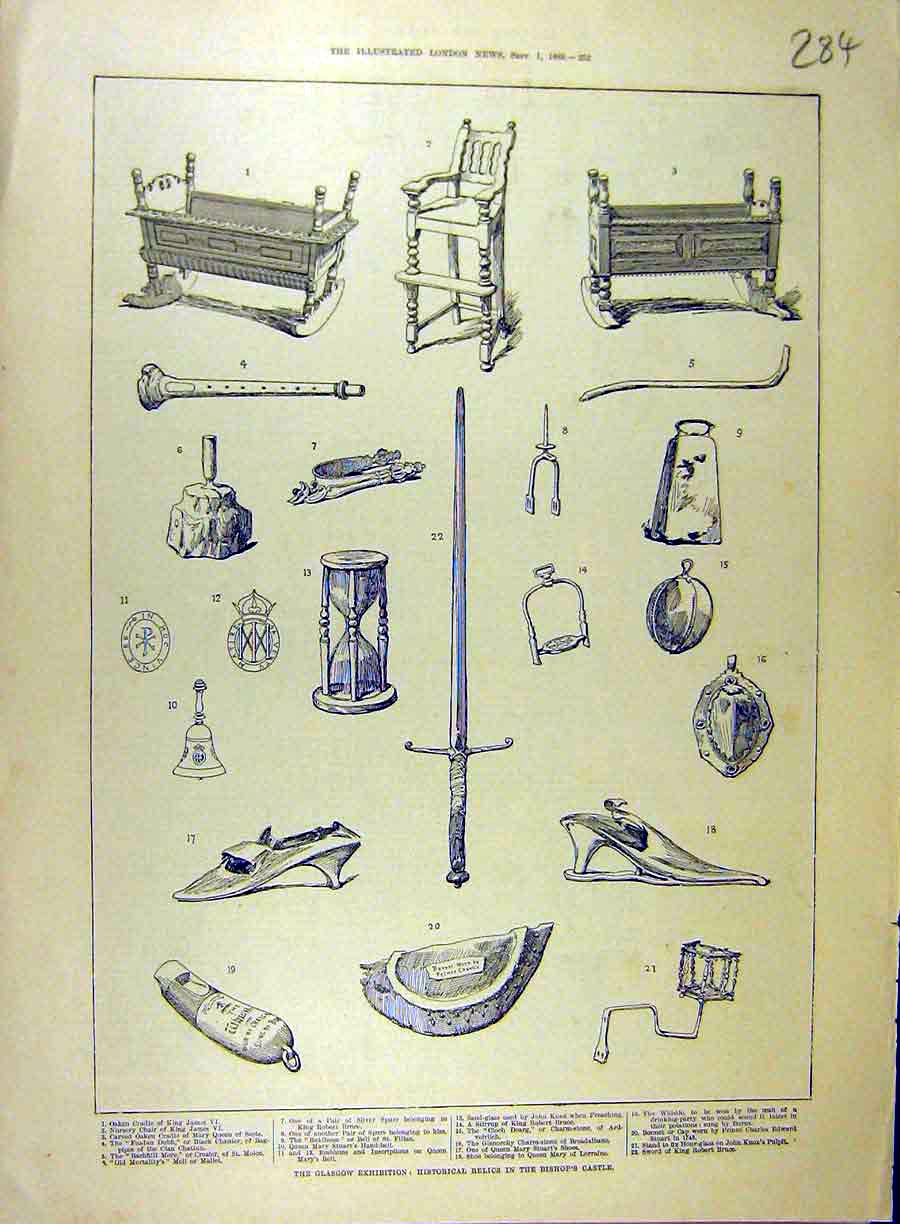 Old Antique Print 1888 Glasgow Exhibition Bishop'S Castle Relics History 19th