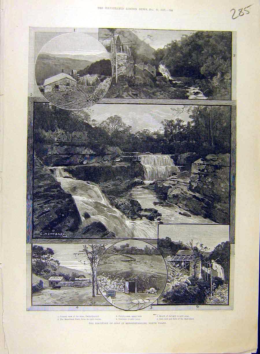 Original Old Antique Print 1887 GMerionethshire Wales Mawddach Gwyn-Fynnidd 19th