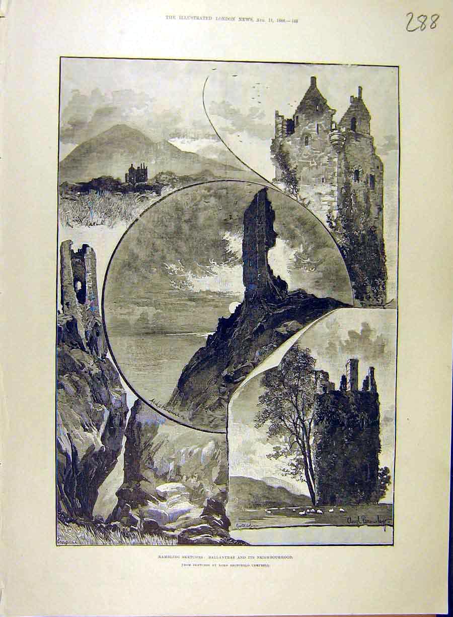 Original Old Antique Print 1888 Rambling Sketches Ballantrae Campbell Scotland