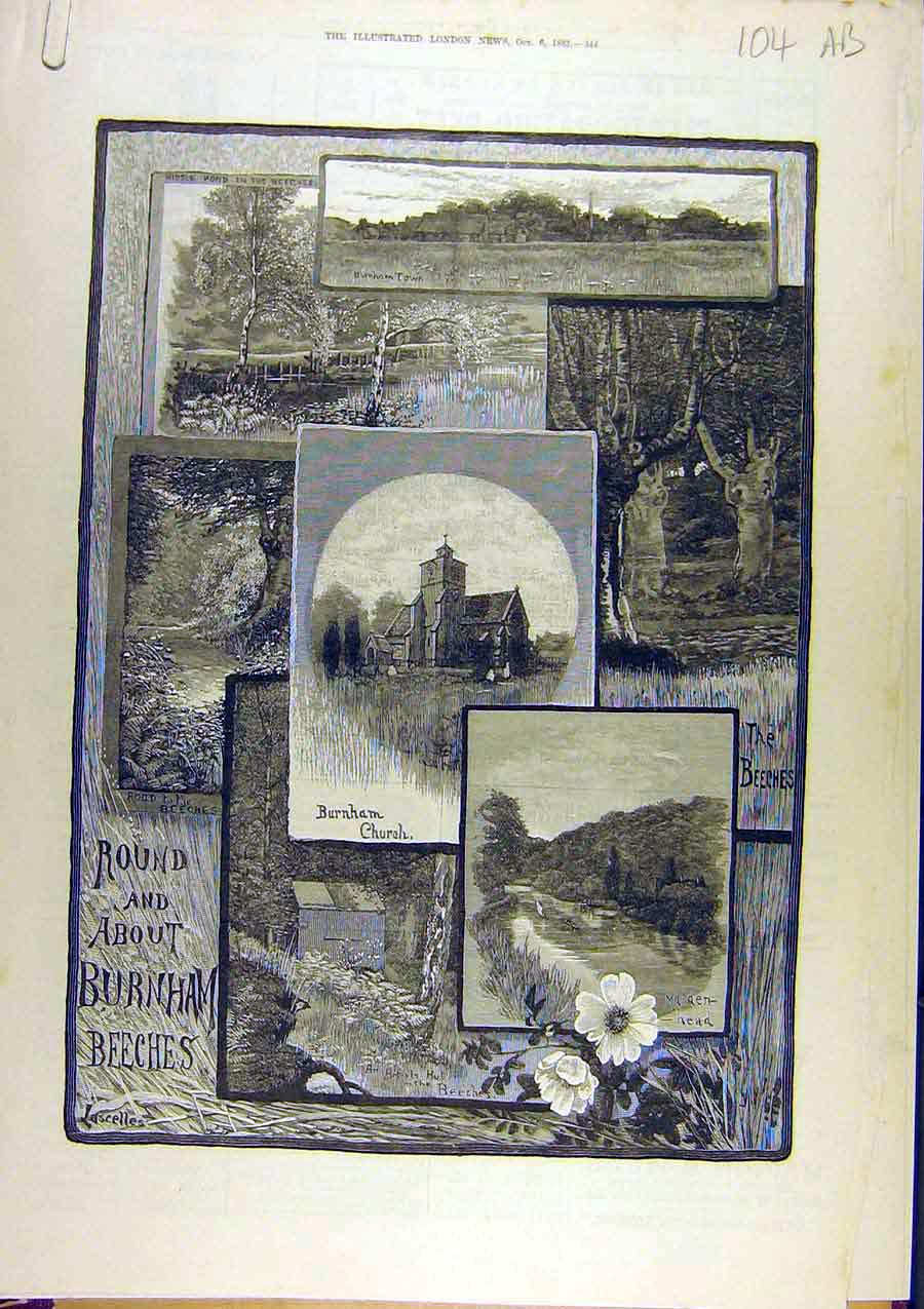 Original Old Antique Print 1883 Burnham Beeches Church Views Dedication 19th