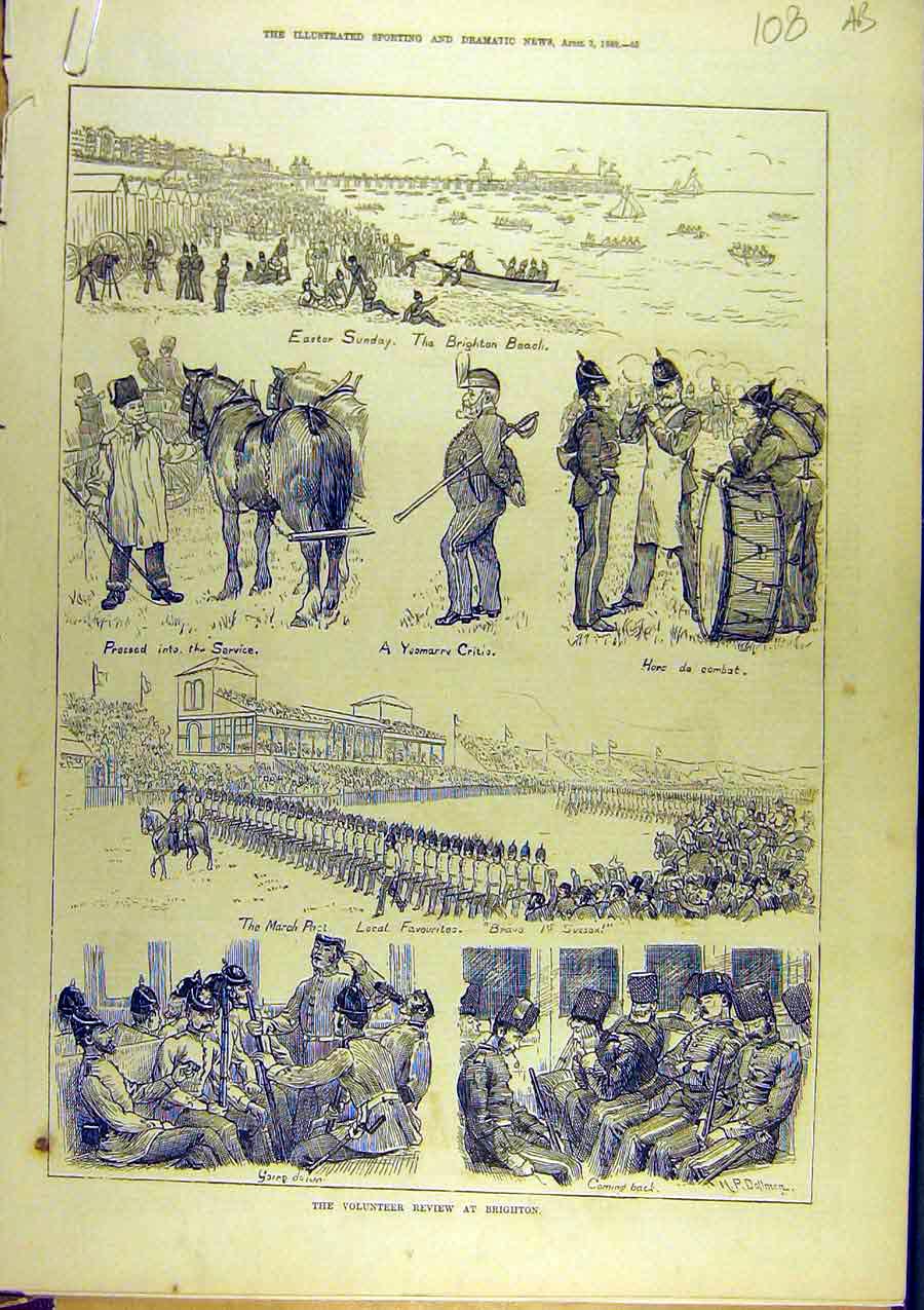 Original Old Antique Print 1880 Volunteer Review Brighton Beach Military Ball