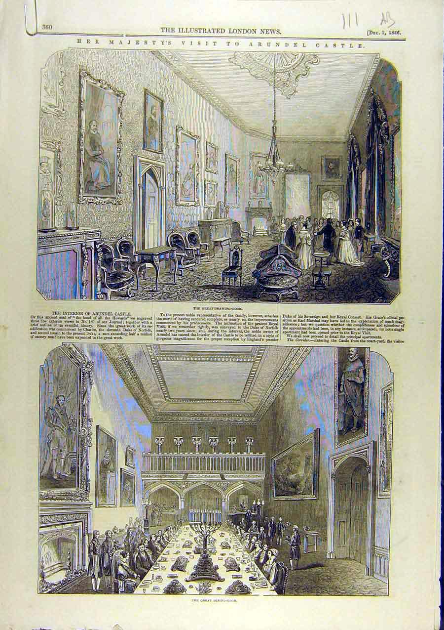 Original Old Antique Print 1846 Arundel Castle Sussex Howards Views Building
