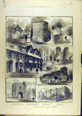 Original Old Antique Print 1883 Sketches Canterbury Church Buildings Cathedral
