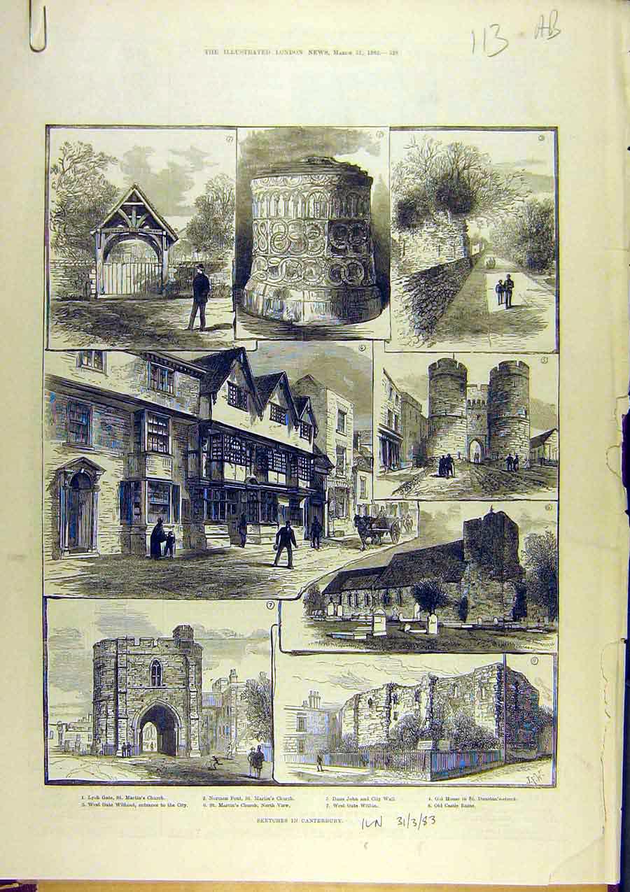 Original Old Antique Print 1883 Sketches Canterbury Church Buildings Cathedral