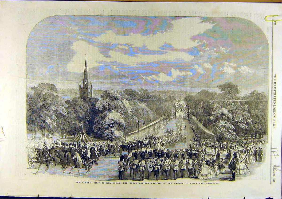Original Old Antique Print 1858 Birmingham Queen Royal Visit Aston-Hall Warwick