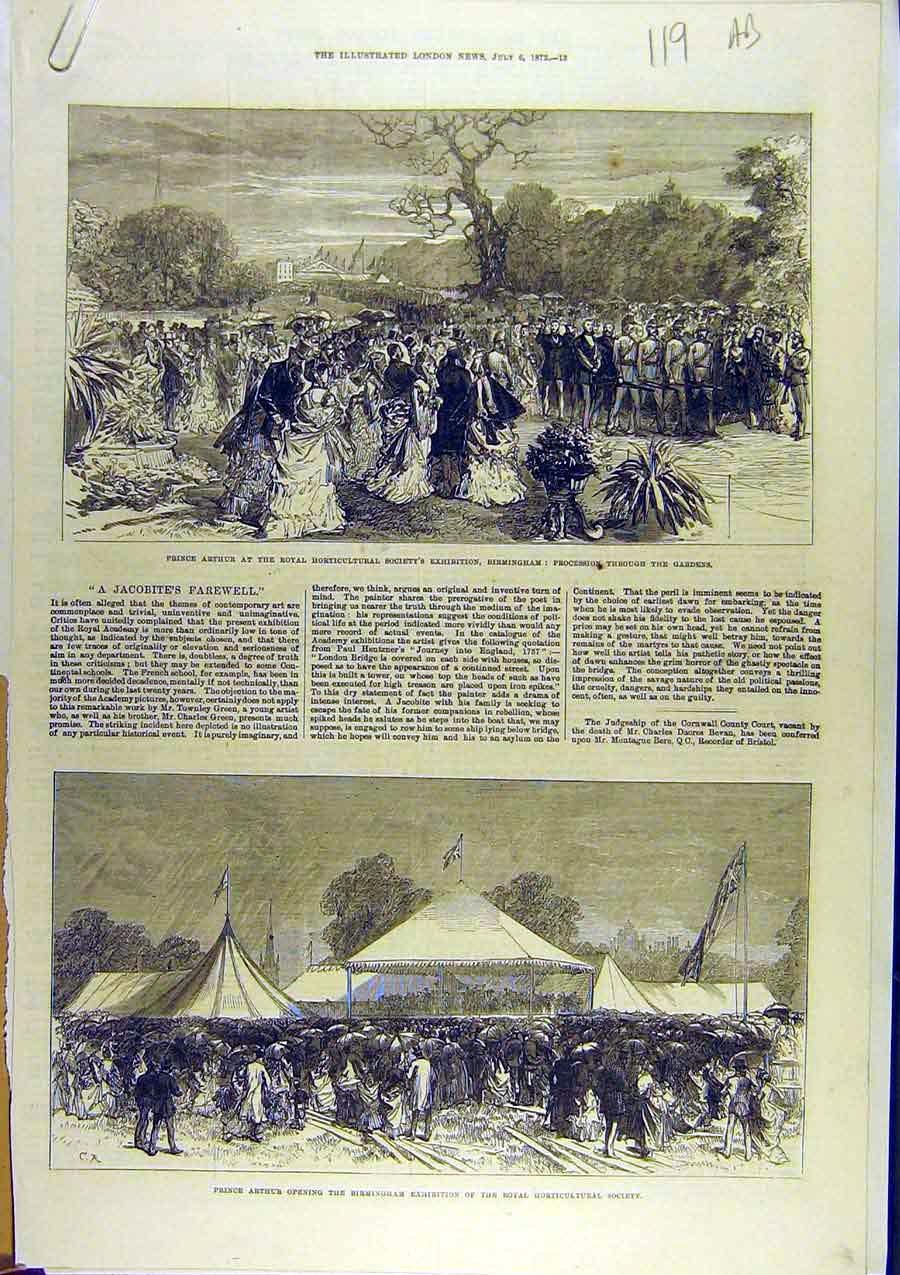 Old Antique Print 1872 Prince Arthur Birmingham Exhibition Horticulture 19th
