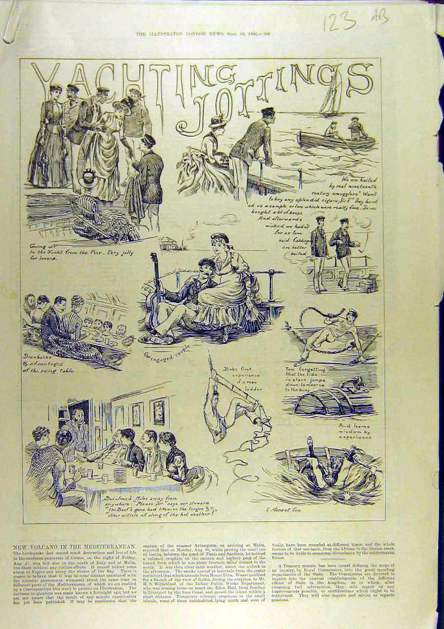 Original Old Antique Print 1886 Yacthing Sketches Yacht Sailing Sport Victorian