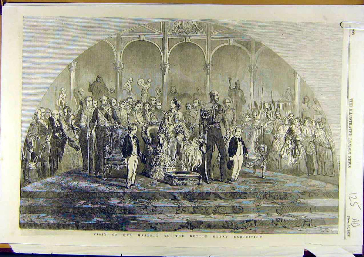 Original Old Antique Print 1853 Dublin Exhibition Royal Visit Ireland Irish