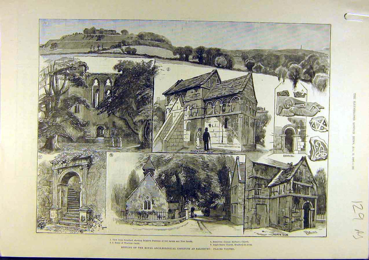 Original Old Antique Print 1887 Salisbury Archaeological Buildings Market Gate
