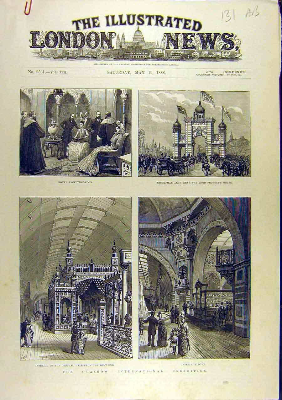 Original Old Antique Print 1888 Glasgow Exhibition International Sketches 19th