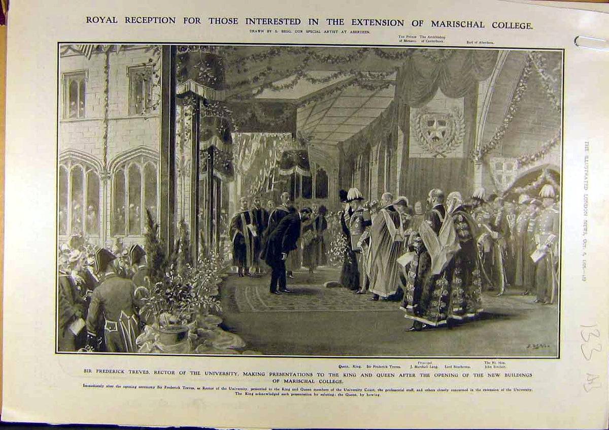 Original Old Antique Print 1906 Marischal College Trevers University King Queen