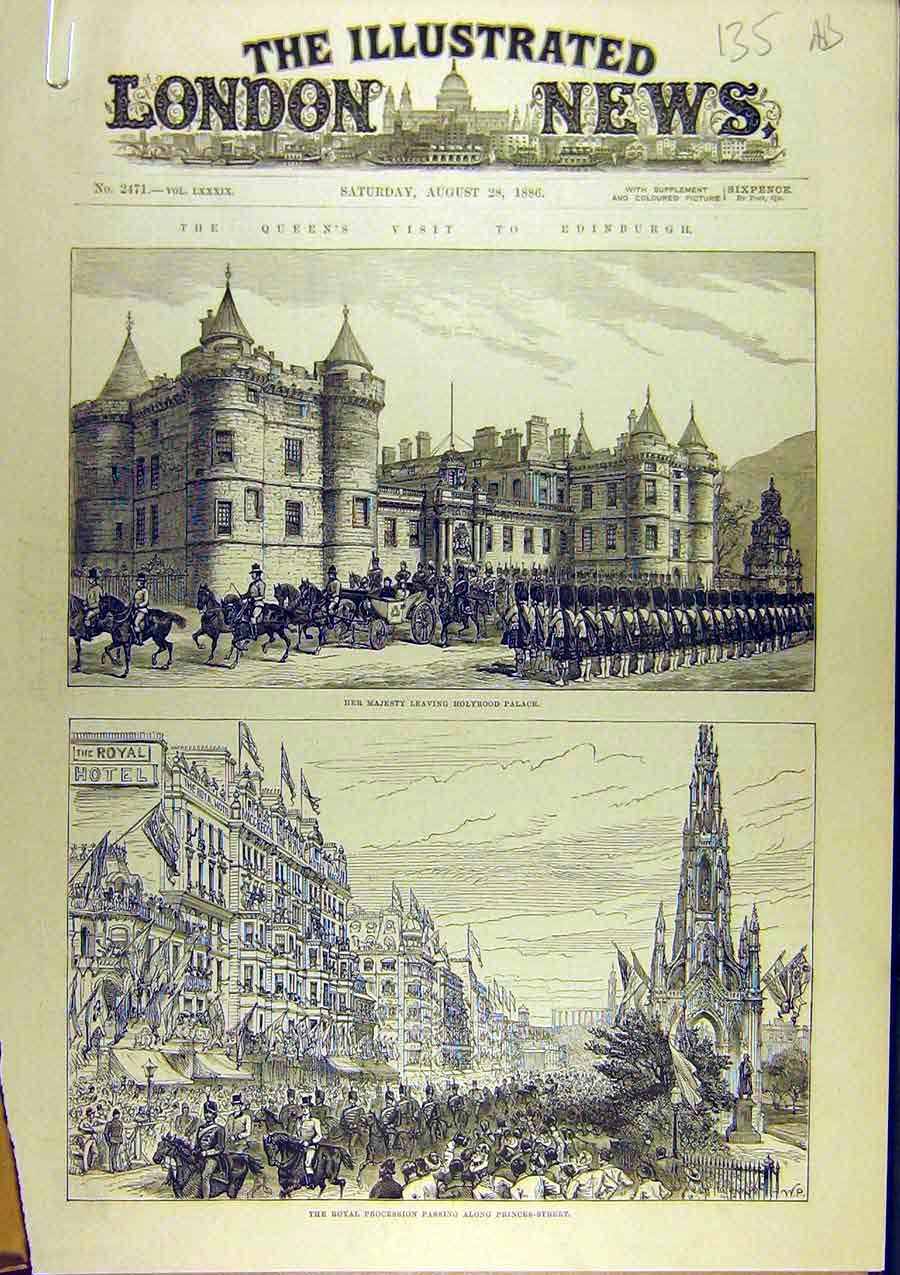 Old Antique Print 1886 Edinburgh Queen Visit Holyrood Palace Procession 19th