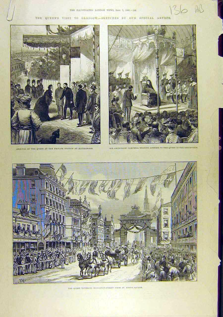 Original Old Antique Print 1888 Queen Glasgow Blythswood Exhibition Clyde 19th