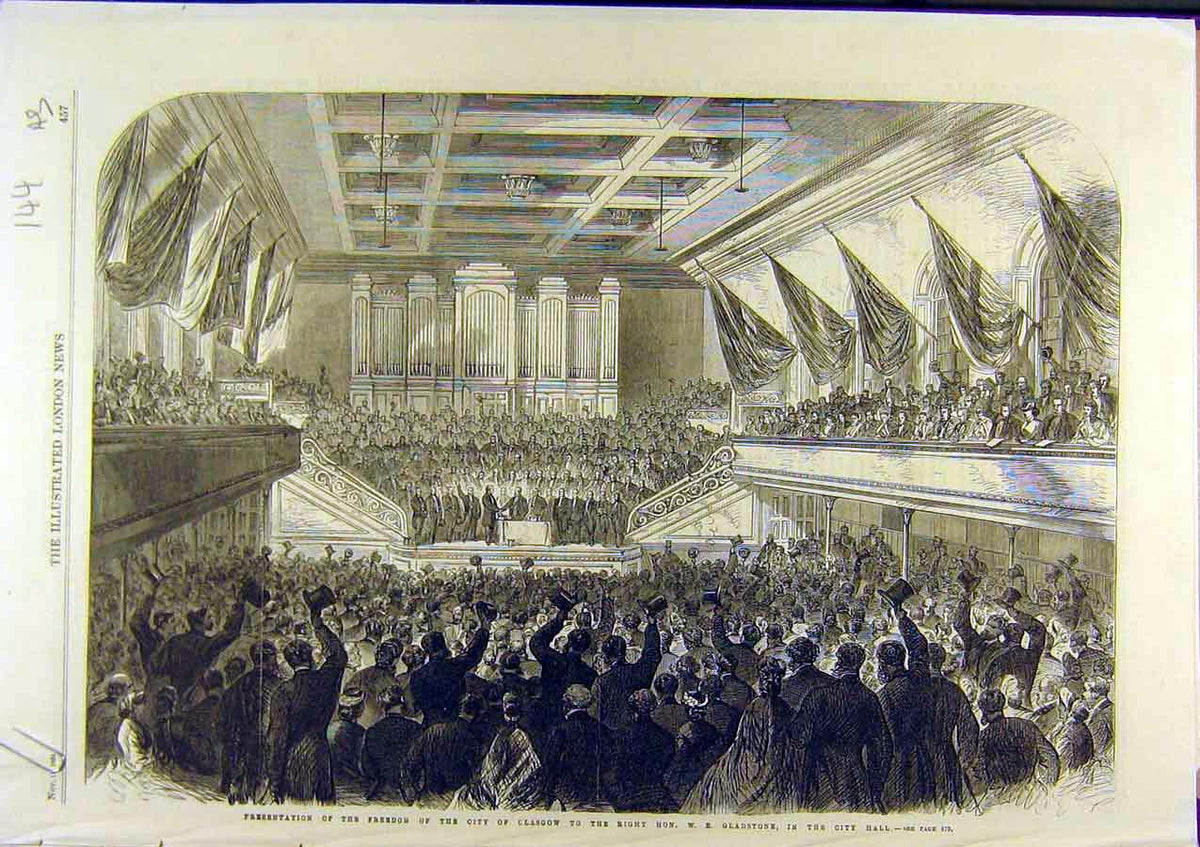 Old Antique Print 1865 Glasgow Freedom City Gladstone Election Campaign 19th