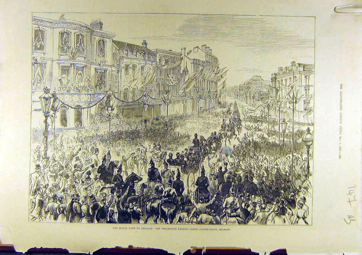 Old Antique Print 1885 Royal Visit Ireland Procession Belfast Ulster Hall 19th