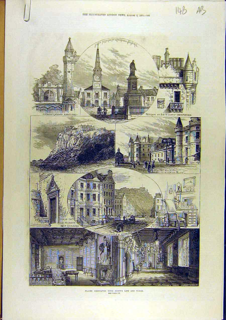 Original Old Antique Print 1871 Scott Selkirk Edinburgh Scotland Abbotsford