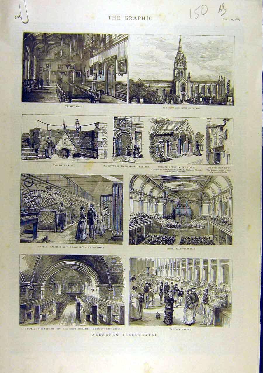 Old Antique Print 1885 Aberdeen Sketches Church Music-Hall Herring Fleet 19th