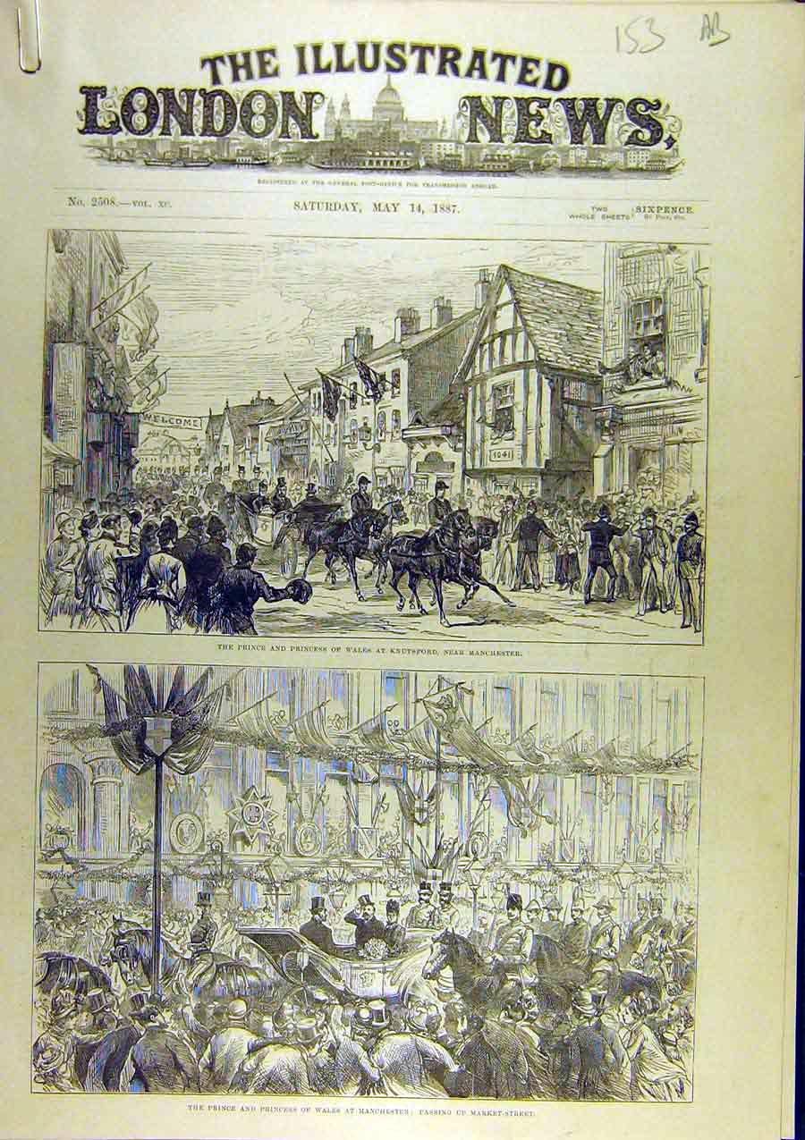 Original Old Antique Print 1887 Prince Princess Wales Knutsford Manchester 19th