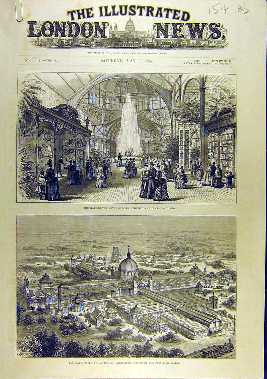 Old Antique Print 1887 Manchester Royal Jubilee Exhibition Prince Wales 19th