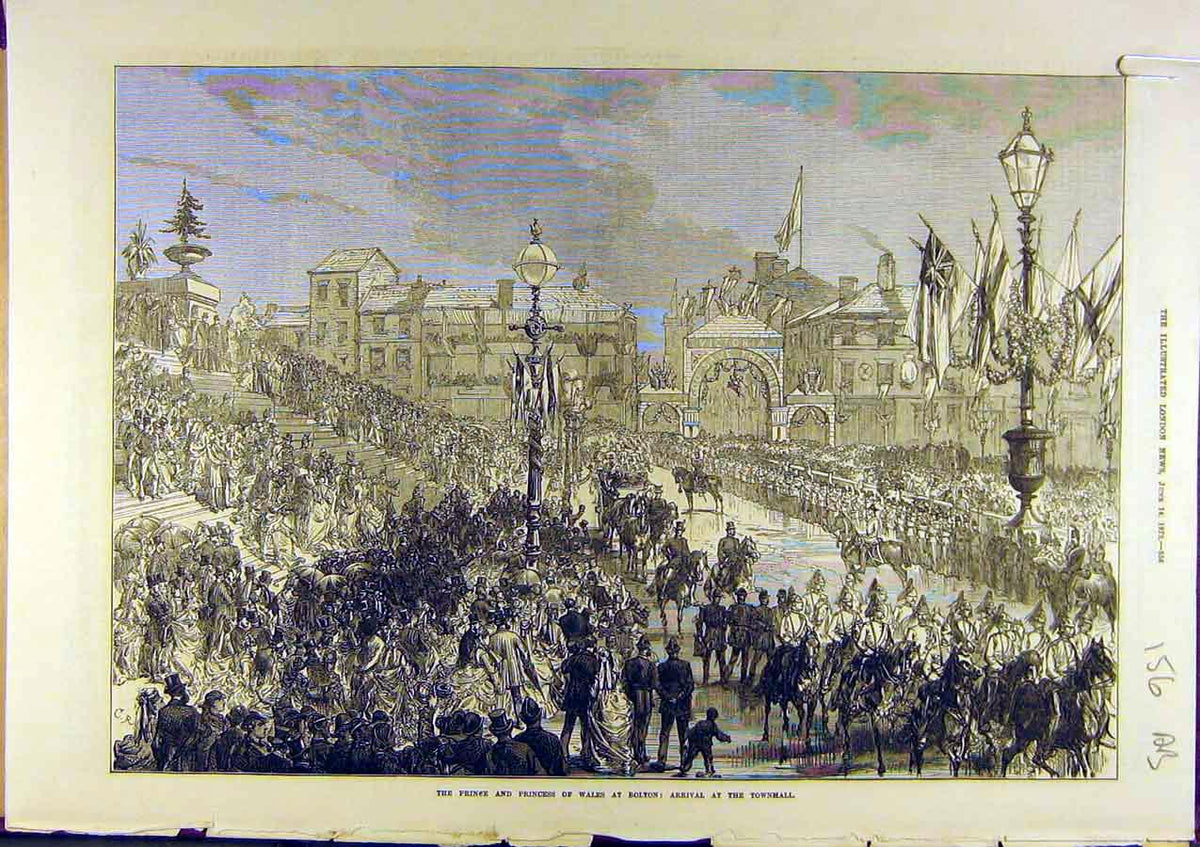 Original Old Antique Print 1873 Prince Princess Wales Bolton Townhall Victorian
