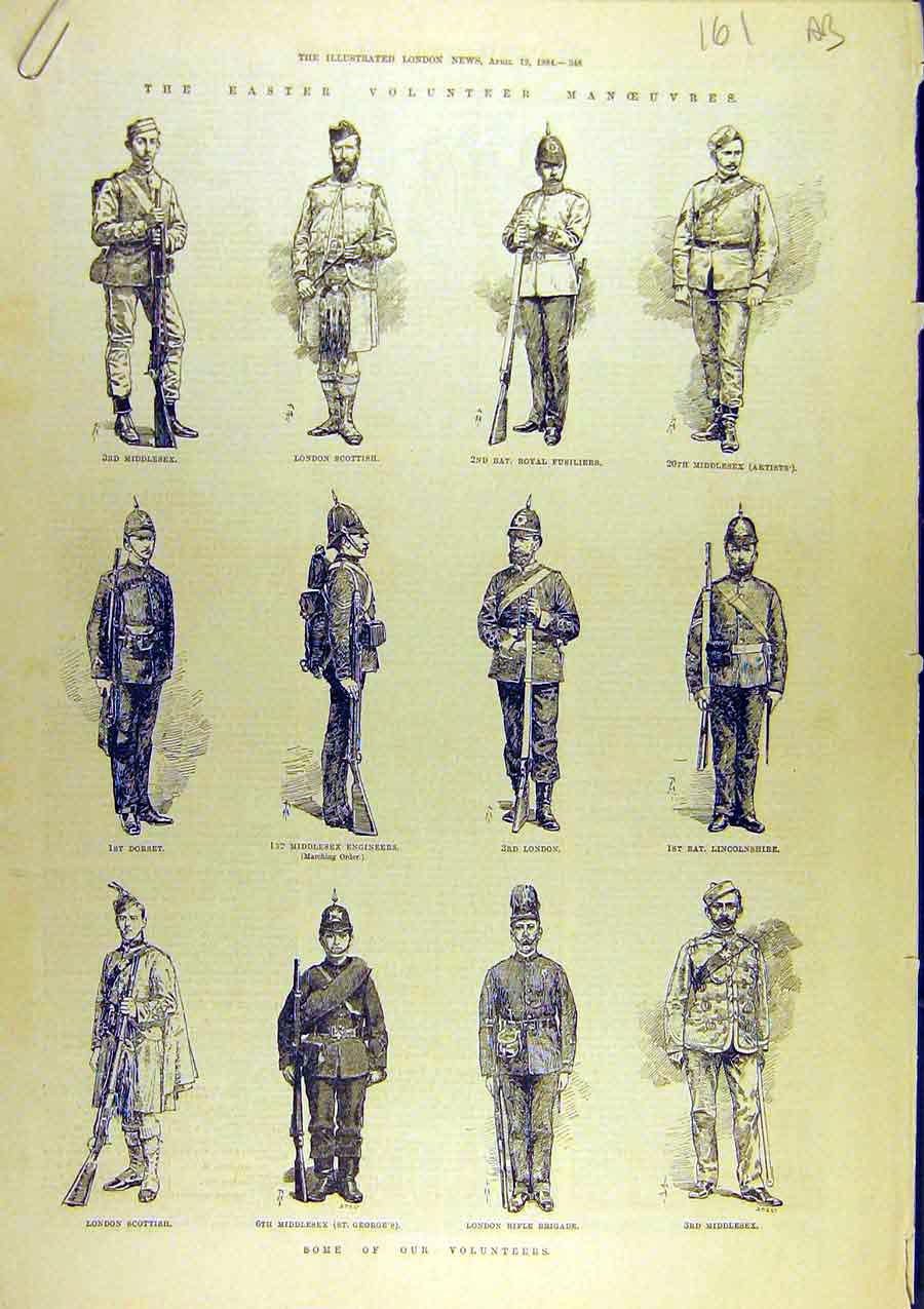 Original Old Antique Print 1884 Easter Volunteer Manoeuvres General Staff 19th