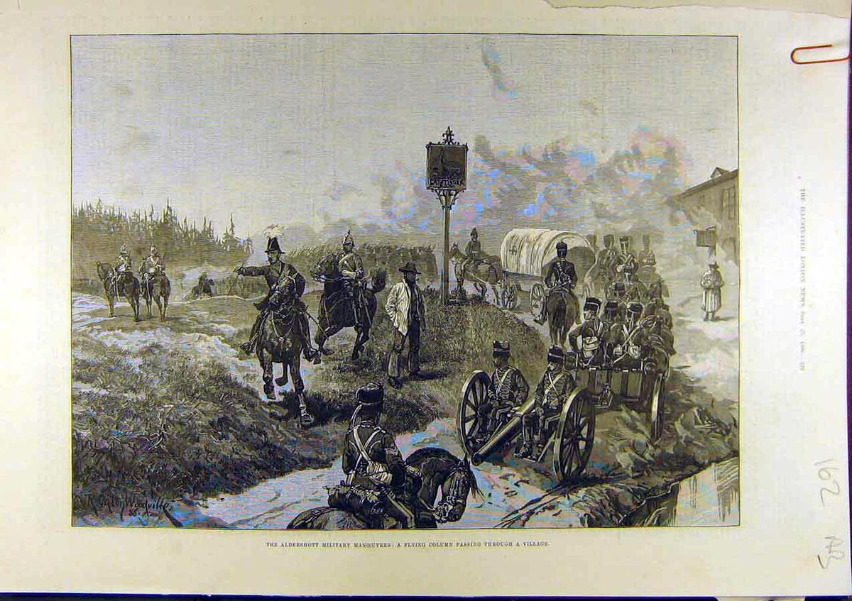Original Old Antique Print 1886 Aldershott Military Manoeuvres Queen Review