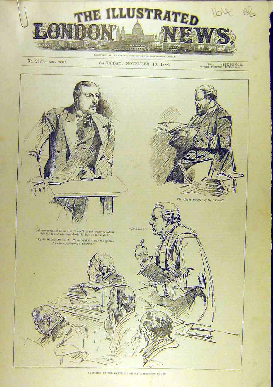 Original Old Antique Print 1888 Sketches Parnell Inquiry Court Commission 19th