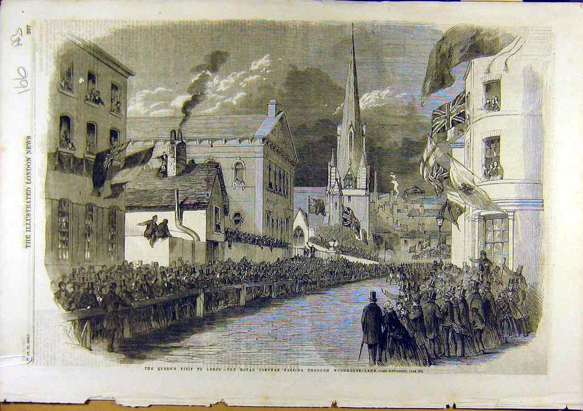 Original Old Antique Print 1858 Leeds Royal Cortege Queen Briggate Boar-Lane