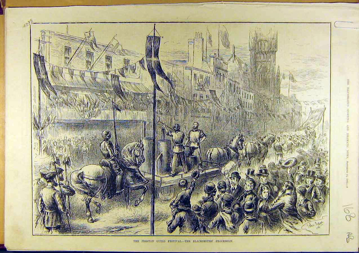 Original Old Antique Print 1882 Preston Guild Festival Blacksmith Procession