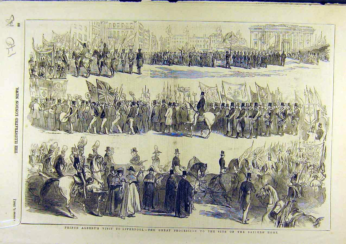 Original Old Antique Print 1846 Prince Albert Liverpool Procession Banquet 19th