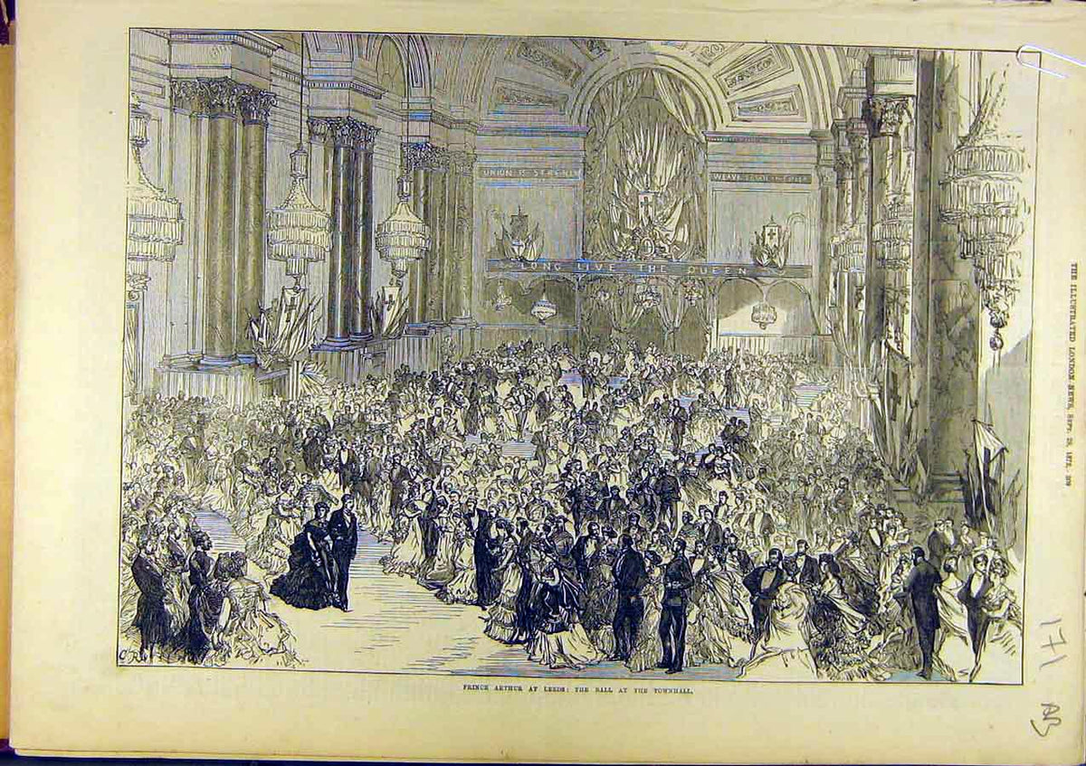 Original Old Antique Print 1872 Prince Arthur Townhall Leeds Ball Roundhay Park