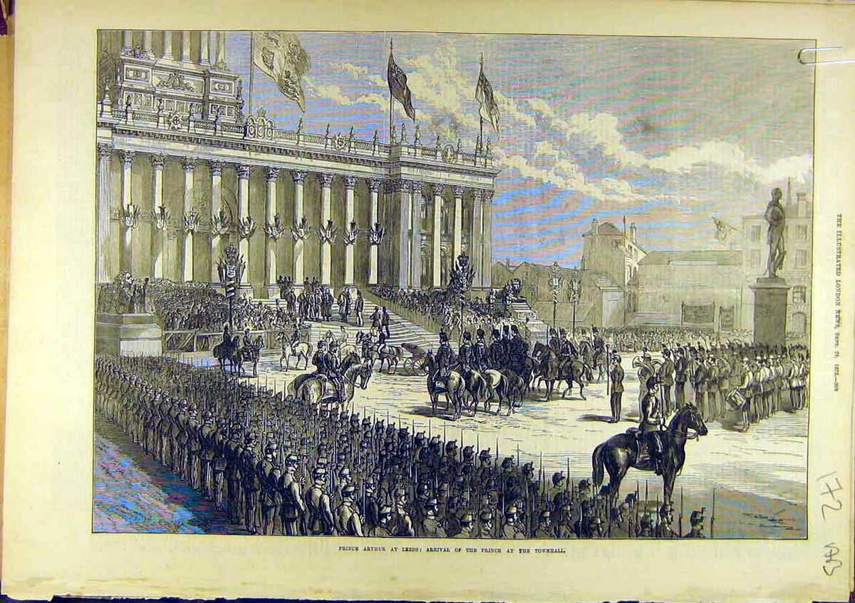 Original Old Antique Print 1872 Prince Arthur Leeds Townhall Exchange Buildings