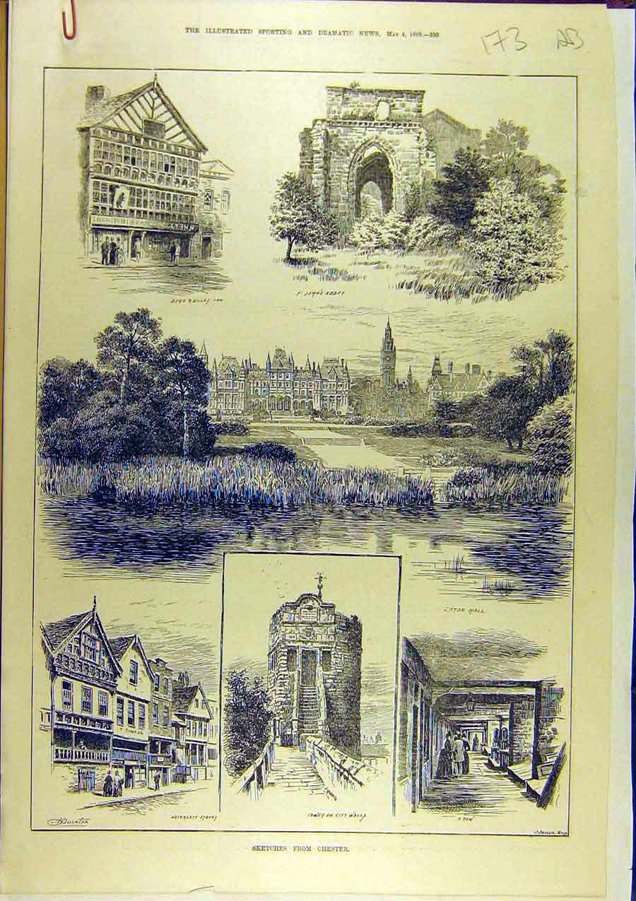 Original Old Antique Print 1889 Sketches Chester Buildings Ruins Stanley Tower