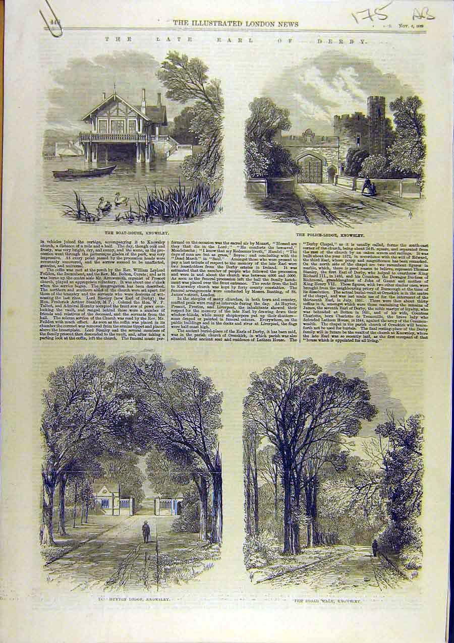 Original Old Antique Print 1869 Earl Derby Knowsley Lodge Park Liverpool 19th
