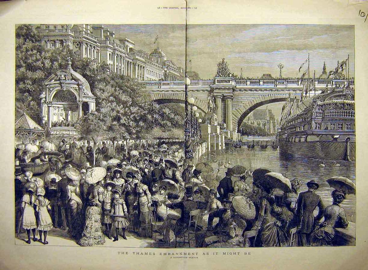 Original Old Antique Print 1881 Thames Embankment Sketch London People Places