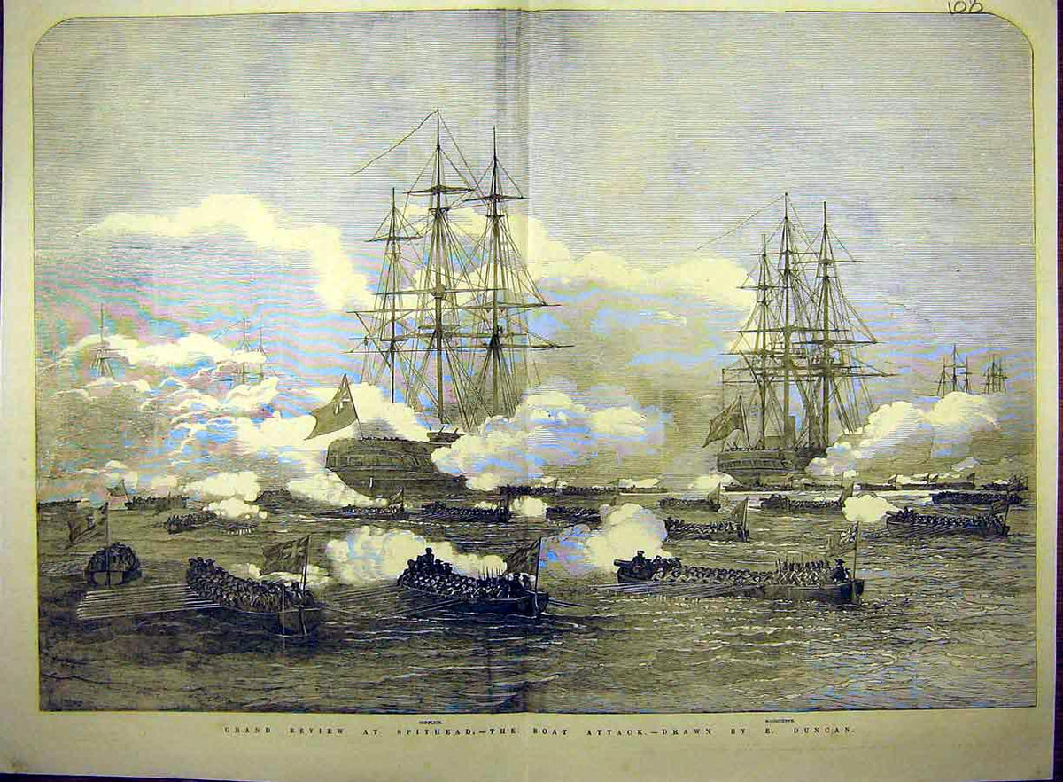 Original Old Antique Print 1853 Grand Review Spithead Boat Attack Duncan 19th