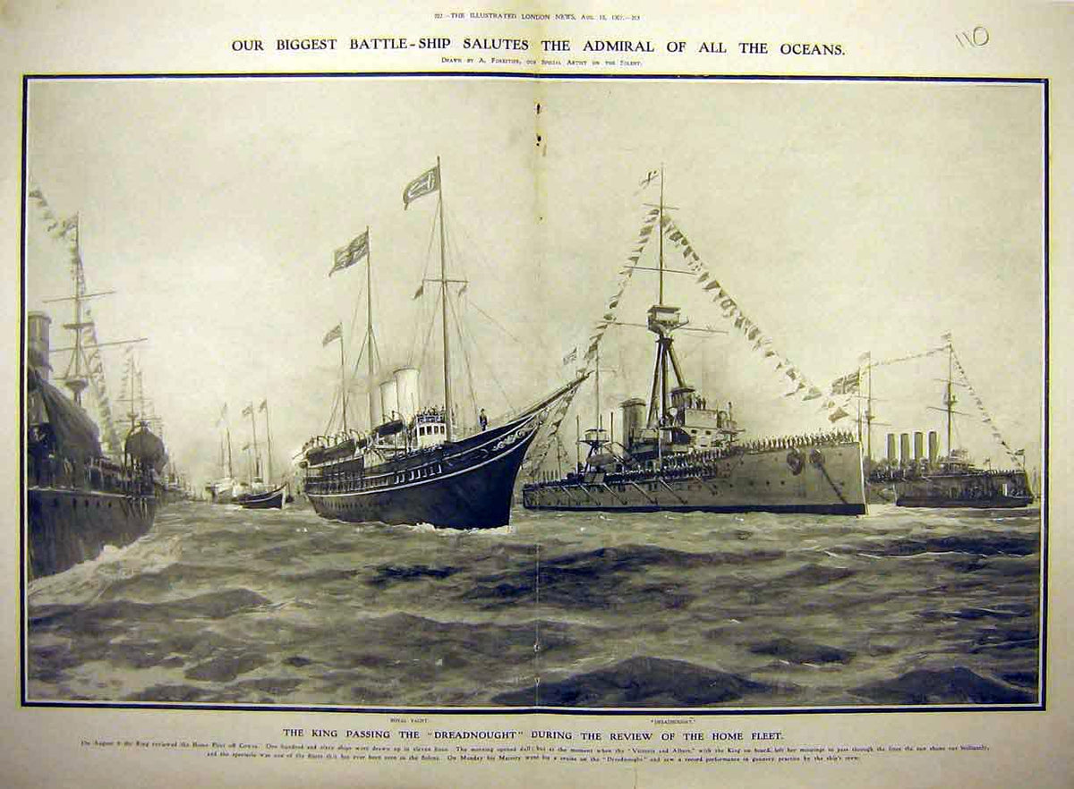 Old Antique Print 1907 Battle-Ship Admiral Dreadnought King Naval Fleet 20th
