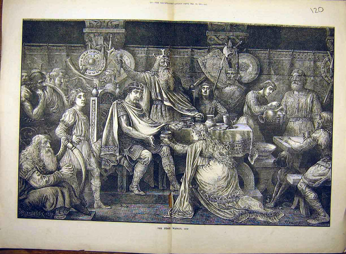 Old Antique Print 1871 First Wassail Cup Scottish Scotland Drink People 19th