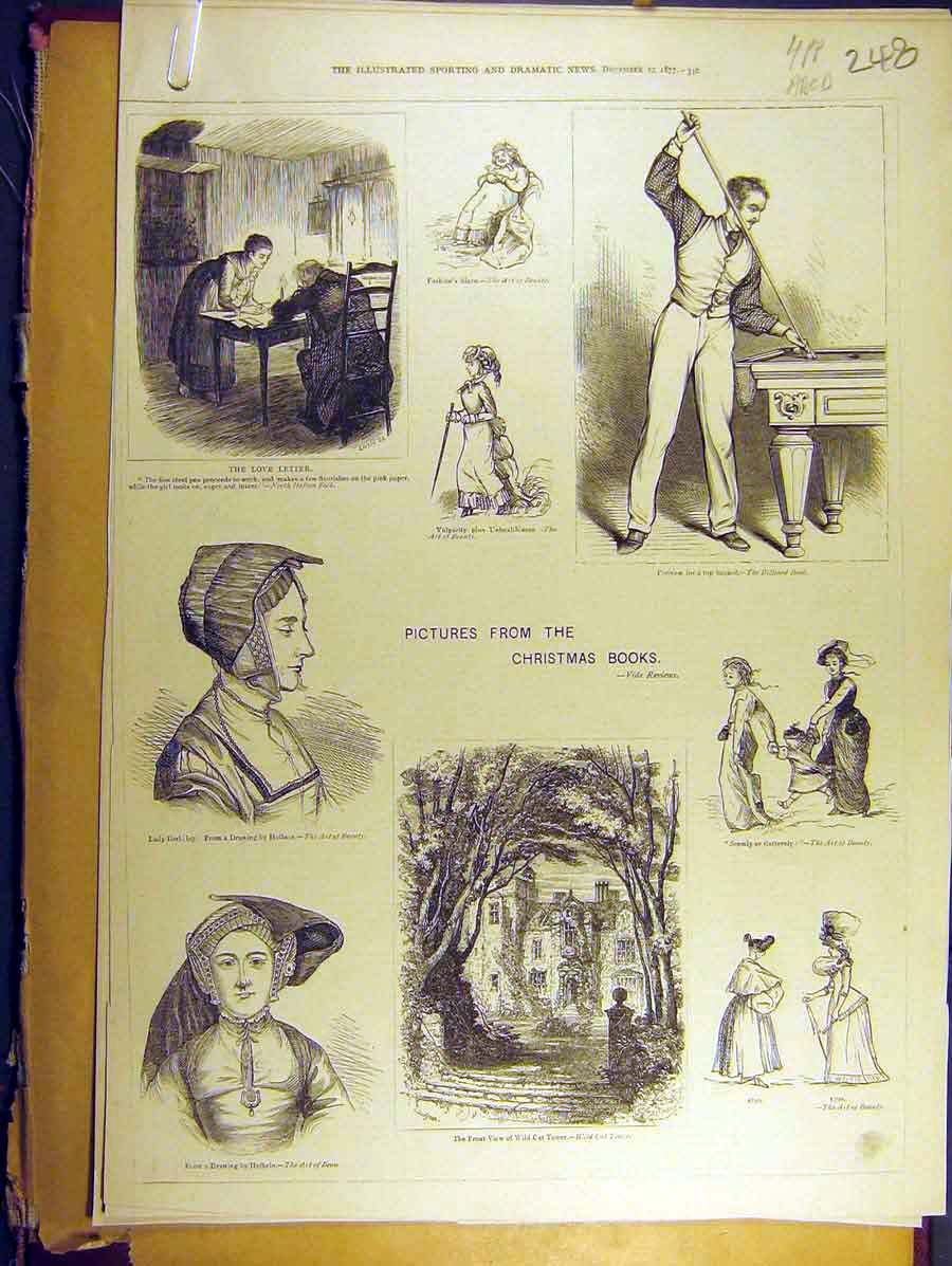 Original Old Antique Print 1877 Pictures Christmas Books Sketches Victorian